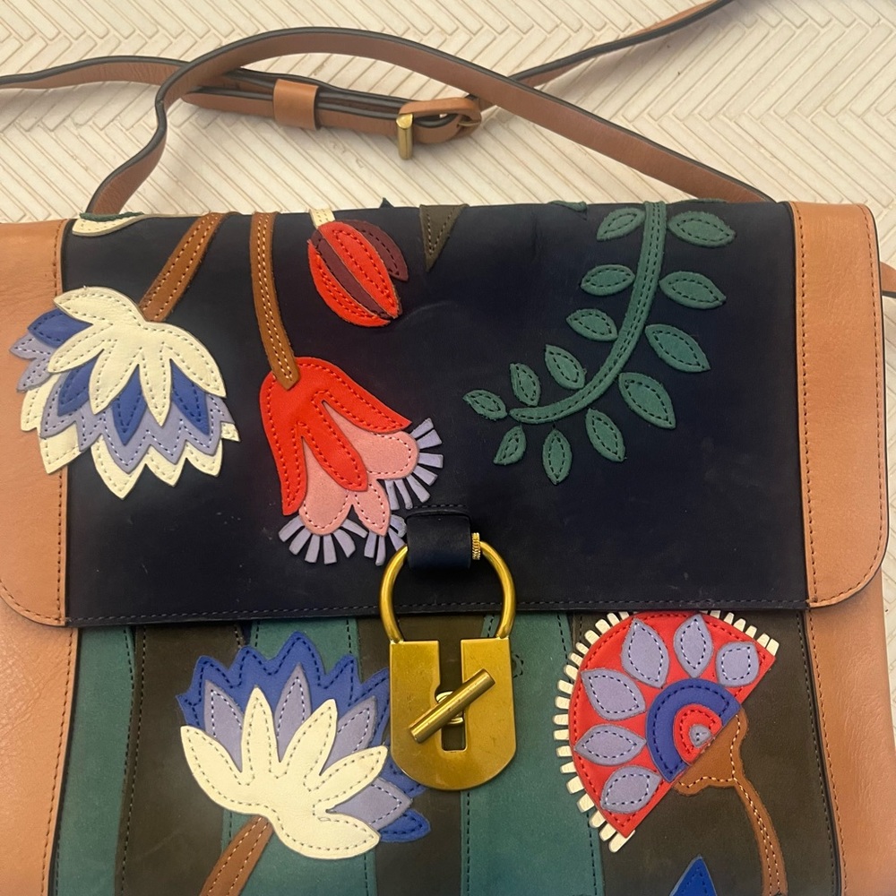 Leather Crossbody Shoulder Bag with Floral Appliqué - Black/Brown - Picture 3 of 7